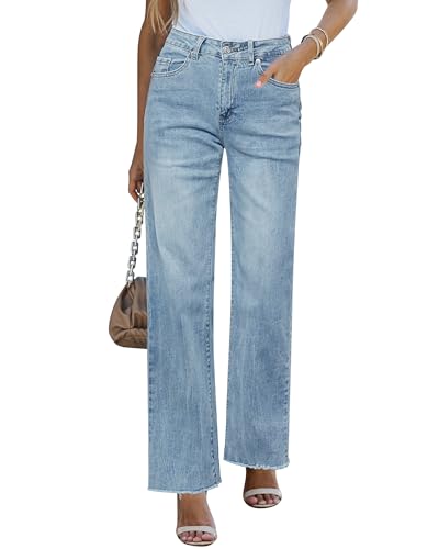 Rfm Jeans - GRAPENT Straight Leg Jeans for Women High Waisted Stretchy Frayed Raw Hem Loose Denim Pants Casual Baggy Jean Trousers Ice Blue