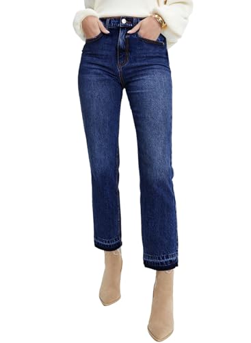 Rfm Jeans - Astylish Womens High Waisted Straight Leg Ankle Jeans Casual Stretch Denim Pants Dark Blue