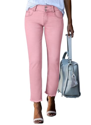 Rfm Jeans - Sidefeel Womens High Waisted Jeans Strechy Raw Hem Straight Leg Denim Pants with Pockets Pink