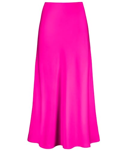 Cream Satin Skirt Outfit - Womens Satin High Waisted Maxi Skirts Hidden Elasticized Waistband A Line Long Skirt Hot Pink