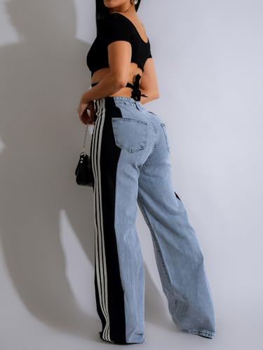 Rfm Jeans - Angsuttc Womens Jeans with Patchwork Stripes High Waist Loose Denim Color Block Jean Straight Wide Leg Pants