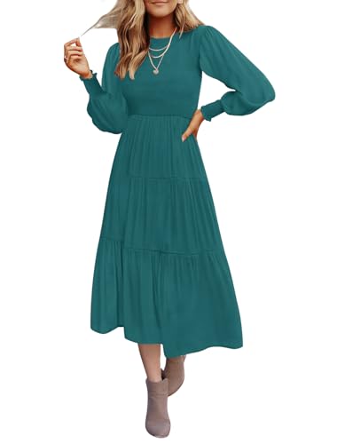 Christmas Green Dress - ZESICA Womens 2024 Casual Long Sleeve Crew Neck High Waist Smocked Flowy Tiered Midi Dress Tealgreen