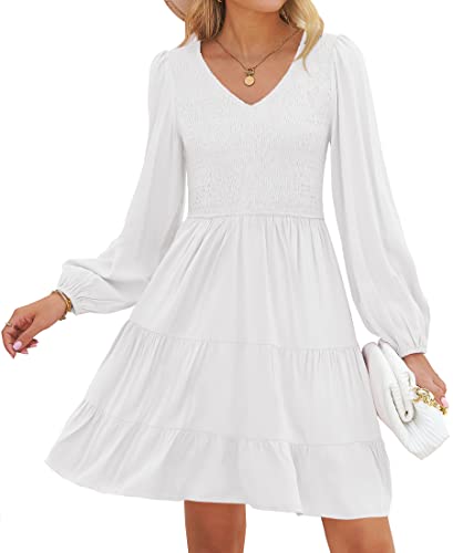 ZESICA Womens Casual V Neck Long Sleeve Smocked High Waist Ruffle A Line Tiered Mini Dress White