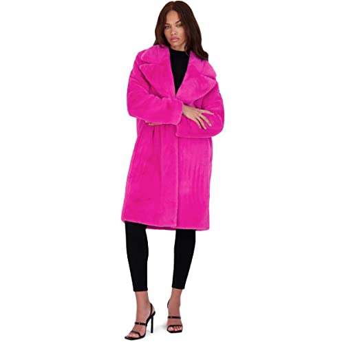 Hot Pink Fur Coat - Avec Les Filles Womens MidLength Faux Fur Coat with Notch Lapel