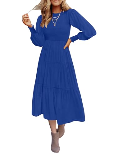 Christmas Green Dress - ZESICA Womens 2024 Casual Long Sleeve Crew Neck High Waist Smocked Flowy Tiered Midi Dress Royalblue