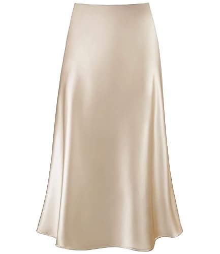 Cream Satin Skirt Outfit - Womens Satin High Waist Hidden Elasticized Waistband Flared Casual A Line Midi Skirt Champagne