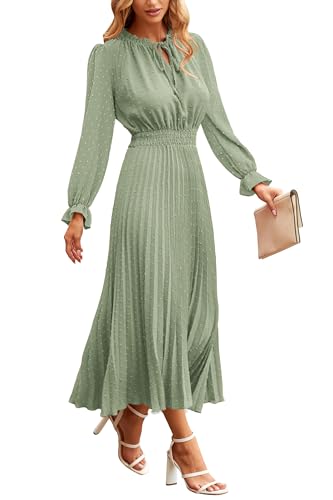 PRETTYGARDEN Womens 2024 Fall Midi Dress Casual Long Sleeve V Neck Swiss Dot Pleated A Line Flowy Dresses Light Green