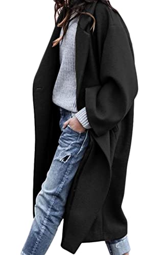 Blue Coat - CHARTOU Womens Oversized Notched Collar Wool Blend Single Breast Midi Long Trench Coat Black