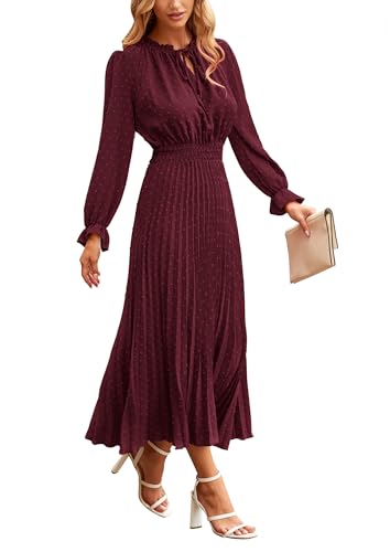 PRETTYGARDEN Womens 2024 Fall Midi Dress Casual Long Sleeve V Neck Swiss Dot Pleated A Line Flowy Dresses Dark Wine Red