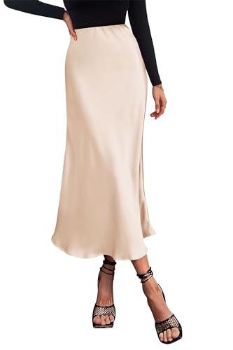 Cream Satin Skirt Outfit - PRETTYGARDEN Womens Summer Midi Satin Skirt Dressy Casual High Waisted A Line Flowy Ruffle Elegant Party Skirts