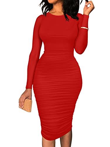 Christmas Party Dress - BEAGIMEG Womens Ruched Long Sleeve Elegant Bodycon Basic Casual Midi Dress