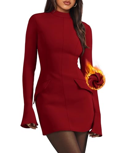 Christmas Party Dress - OFEEFAN Womens Fall Long Sleeve Mock Neck Dress Basic Party Club Bodycon Mini Dresses