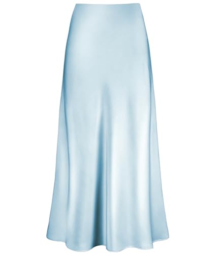 Cream Satin Skirt Outfit - Womens Satin High Waisted Maxi Skirts Hidden Elasticized Waistband A Line Long Skirt Baby Blue