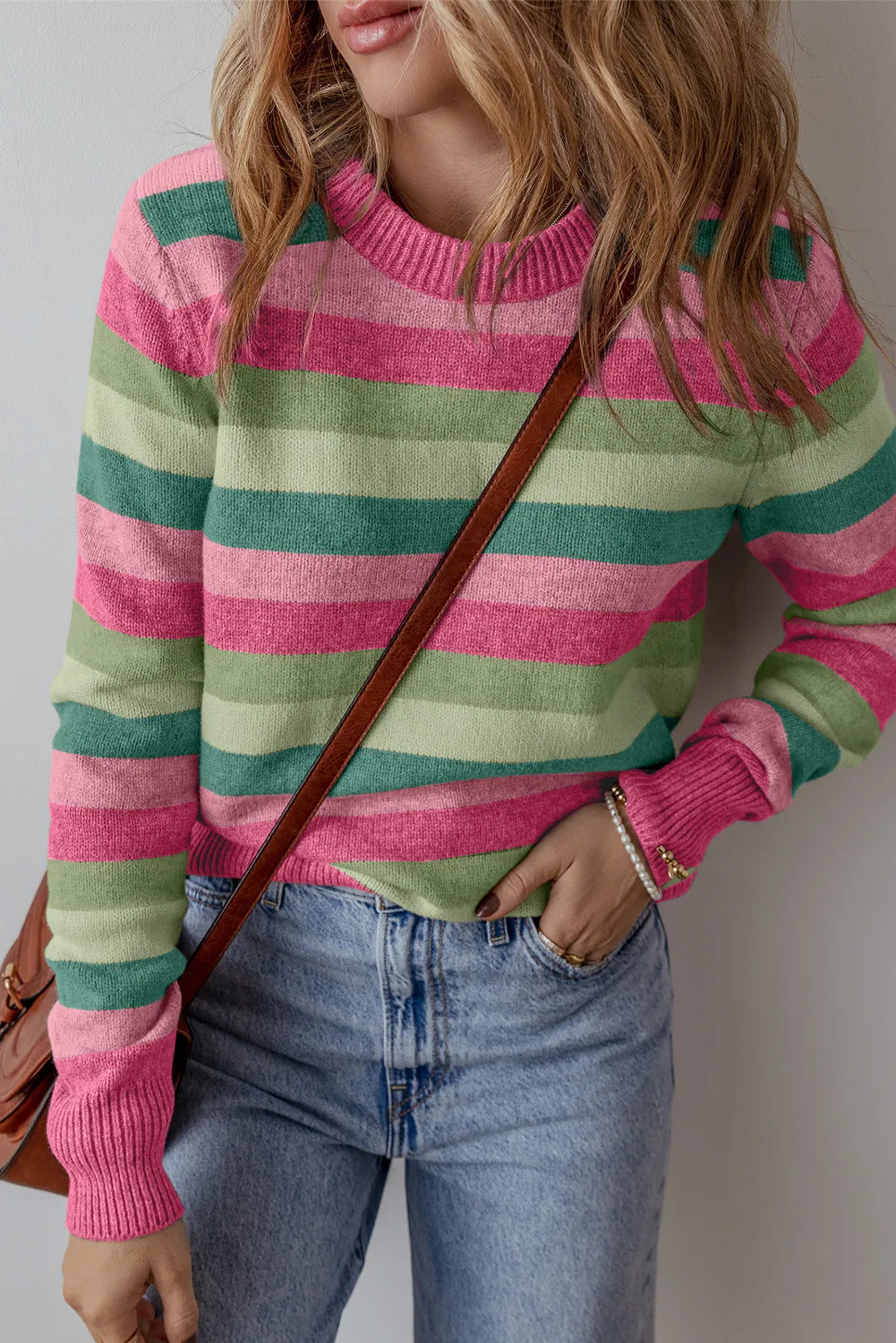 Striped Round Neck Long Sleeve Sweater Gum Leaf