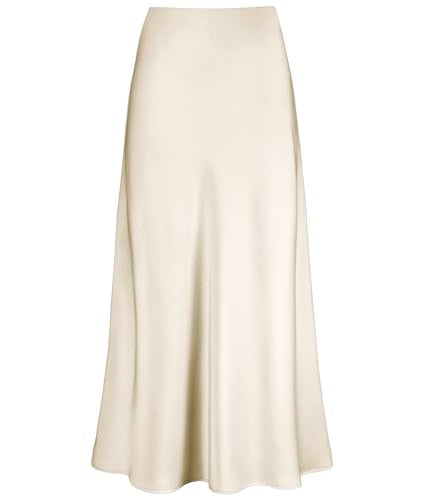 Cream Satin Skirt Outfit - Womens Satin High Waisted Maxi Skirts Hidden Elasticized Waistband A Line Long Skirt Beige