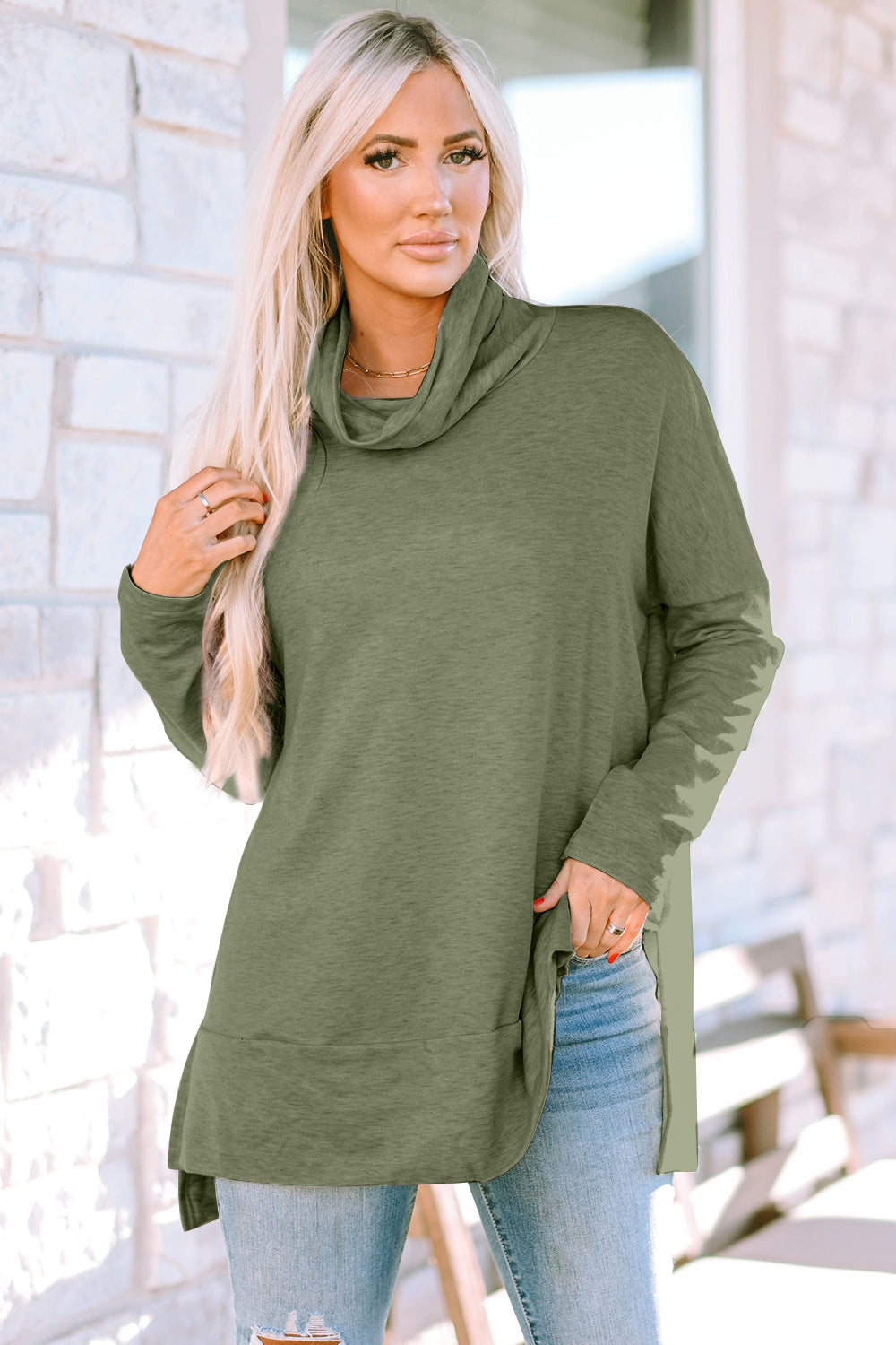 Cowl Neck Long Sleeve Slit Blouse Sage