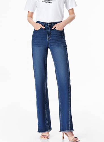 Mom Jeans - Sidefeel Womens Wide Leg Jeans High Waisted Strechy Raw Hem Denim Pants