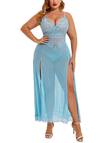 Valentine's Day - Plus Size Lingerie For Women Babydoll Sexy Mesh Maxi Nightdress Strappy Exotic Sleepwear Side Slits Light Blue