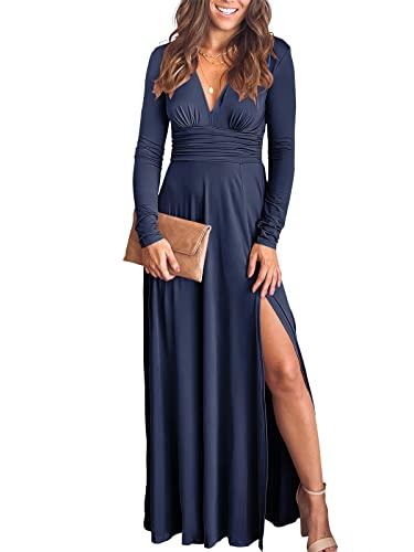 Christmas Party Dress - ANRABESS Women Deep V Neck Long Sleeve Slit 2024 Fall Elegant Formal Wedding Guest Cocktail Evening Date Prom Maxi Long Dress Z-navy Blue