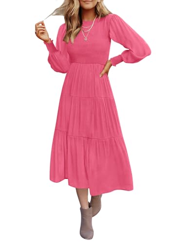 Christmas Green Dress - ZESICA Womens 2024 Casual Long Sleeve Crew Neck High Waist Smocked Flowy Tiered Midi Dress Hotpink