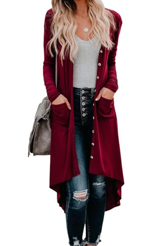 Alaster Queen Womens Open Front Cardigan Button Down High Low Hem Knitted Cardigan Outwear with Pockets Pure Burgundy