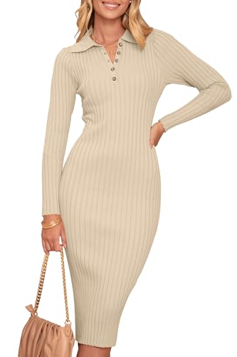 Christmas Green Dress - MEROKEETY Womens 2024 V Neck Ribbed Sweater Dress Long Sleeve Bodycon Knit Midi Dresses Apricot