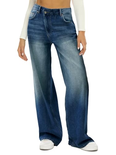 Rfm Jeans - HDLTE Women Wide Leg Jeans High Waist Baggy Jeans Loose Boyfriend Jeans Denim Pants Y2K Crossover Deep Blue