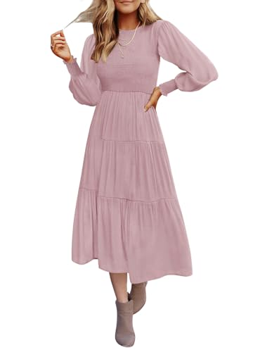 Christmas Green Dress - ZESICA Womens 2024 Casual Long Sleeve Crew Neck High Waist Smocked Flowy Tiered Midi Dress Darkpink