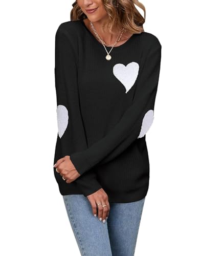 Heart Shirt - shermie Womens Cute Heart Pattern Elbow Patchwork Knitted Sweaters Long Sleeve Crew Neck Casual Pullover T-black