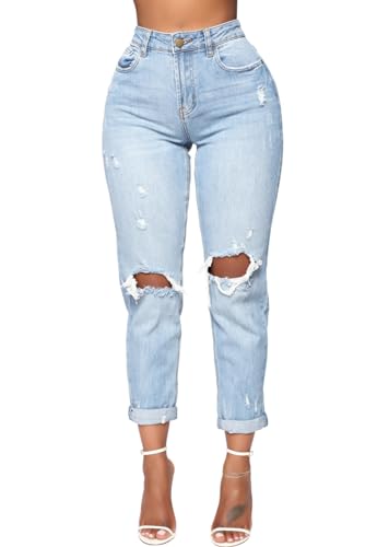 Rfm Jeans - SheKiss Boyfriend Stretchy Jeans for Women Distressed Frayed High Waisted Trendy Denim Blue Jeans Boyfriend Jeans 765