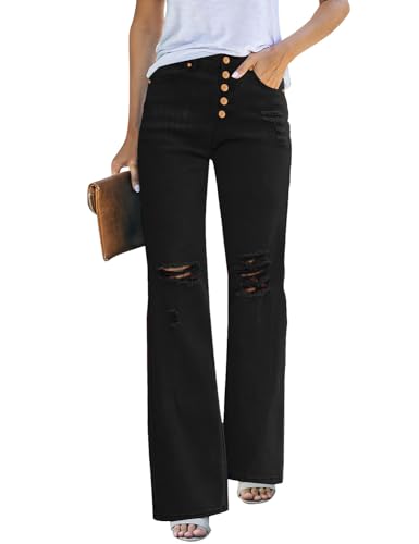 Rfm Jeans - LookbookStore High Waisted Ripped Flare Jeans for Women Distressed Bell Bottom Jeans Wide Leg Pants True Black