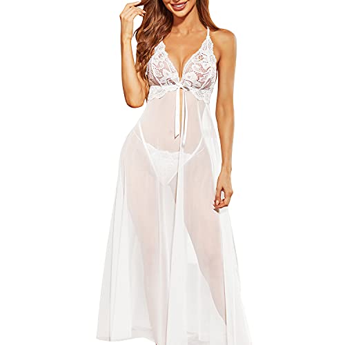 Valentine's Day - Women Lingerie Sexy Lace Babydoll Dress Open Front Sleepwear Long Sheer Nightgowns V Neck Nightwear B_white Small