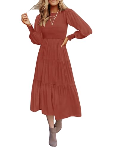 Christmas Green Dress - ZESICA Womens 2024 Casual Long Sleeve Crew Neck High Waist Smocked Flowy Tiered Midi Dress Rust