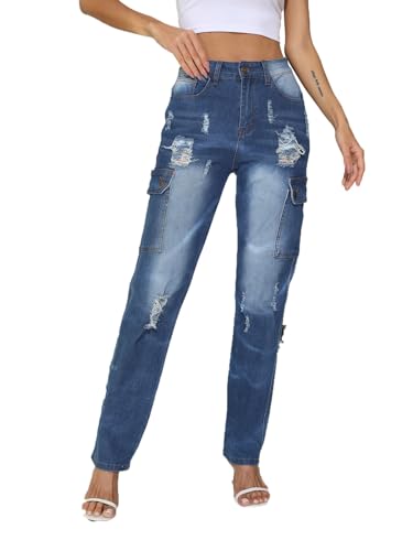 Rfm Jeans - SheKiss Boyfriend Stretchy Jeans for Women Distressed Frayed High Waisted Trendy Denim Blue Jeans Darkblue709