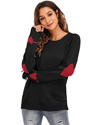 Heart Shirt - shermie Womens Cute Heart Pattern Elbow Patchwork Knitted Sweaters Long Sleeve Crew Neck Casual Pullover B Black