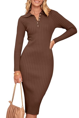 Christmas Green Dress - MEROKEETY Womens 2024 V Neck Ribbed Sweater Dress Long Sleeve Bodycon Knit Midi Dresses Coffee