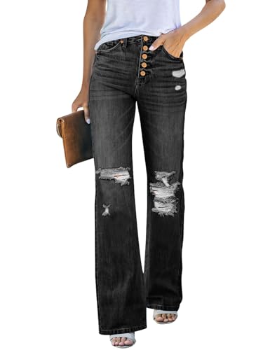 Rfm Jeans - LookbookStore High Waisted Ripped Flare Jeans for Women Distressed Bell Bottom Jeans Wide Leg Pants Soft Black