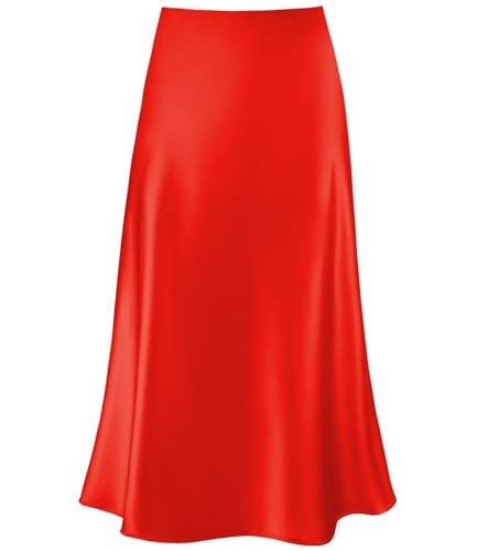 Cream Satin Skirt Outfit - Womens Satin High Waist Hidden Elasticized Waistband Flared Casual A Line Midi Skirt Red