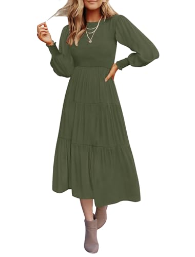 Christmas Green Dress - ZESICA Womens 2024 Casual Long Sleeve Crew Neck High Waist Smocked Flowy Tiered Midi Dress Armygreen