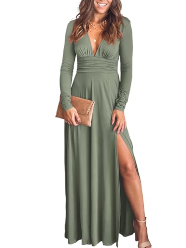 Christmas Party Dress - ANRABESS Women Deep V Neck Long Sleeve Slit 2024 Fall Elegant Formal Wedding Guest Cocktail Evening Date Prom Maxi Long Dress Z-army Green