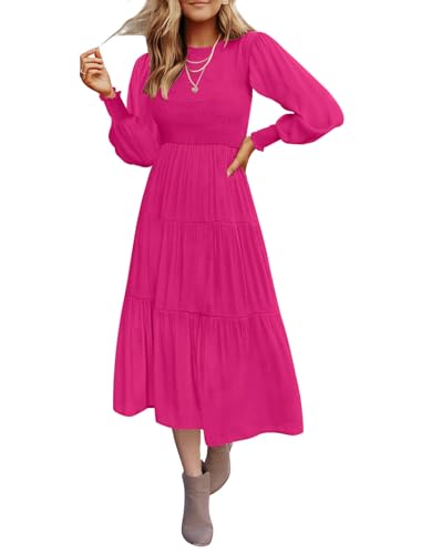 Christmas Green Dress - ZESICA Womens 2024 Casual Long Sleeve Crew Neck High Waist Smocked Flowy Tiered Midi Dress Rose