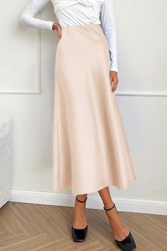 Cream Satin Skirt Outfit - PRETTYGARDEN Womens Summer Midi Satin Skirt Dressy Casual High Waisted A Line Flowy Ruffle Elegant Party Skirts