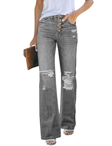 Rfm Jeans - LookbookStore High Waisted Ripped Flare Jeans for Women Distressed Bell Bottom Jeans Wide Leg Pants Stone Gray