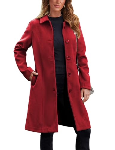 Blue Coat - Springrain Womens Pea Coat Elegant Overcoat Single Breasted Winter Coat Dress Coat with Pockets Red