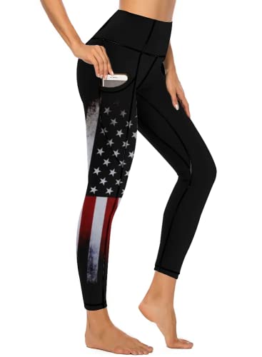 American Flag Pants - QIVICIMA Womens High Waist Workout Leggings Halloween Christmas Gym Plaid Printed Tummy Control Yoga Pants with Pockets