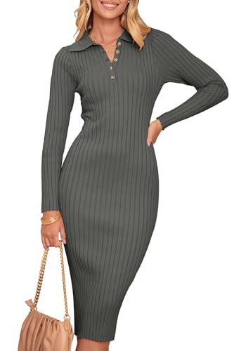 Christmas Green Dress - MEROKEETY Womens 2024 V Neck Ribbed Sweater Dress Long Sleeve Bodycon Knit Midi Dresses Darkgray