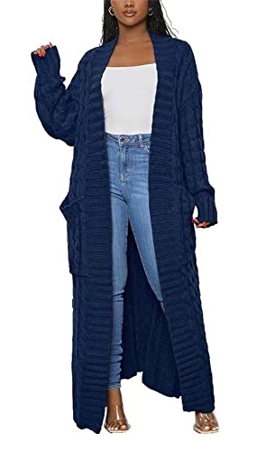 Long Sweaters for Women Cardigan Open Front Long Sleeve Plus Size Chunky Cable Knit Duster Cardigans with Pockets Winter Coat Navy