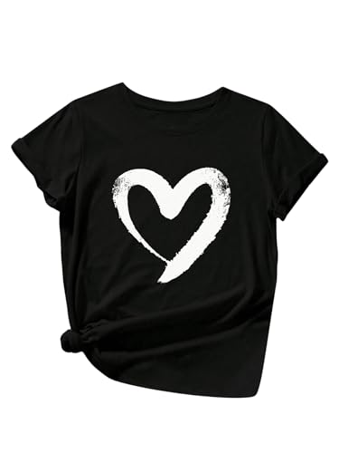 Heart Shirt - SOLY HUX Womens Letter Print Graphic Tees Short Sleeve Tops Casual Summer T Shirt Black Heart Printed