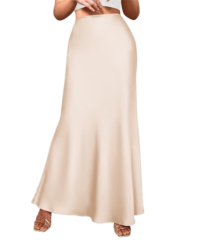 Cream Satin Skirt Outfit - BTFBM Womens Summer Fall Skirt 2024 Silk Elegant High Waist Cocktail Party Wedding Mermaid Satin Maxi Skirts Solid Beige Small