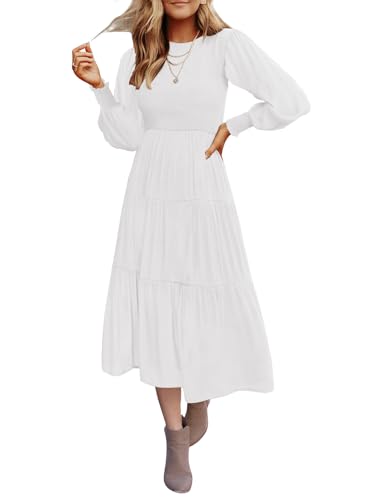 Christmas Green Dress - ZESICA Womens 2024 Casual Long Sleeve Crew Neck High Waist Smocked Flowy Tiered Midi Dress White